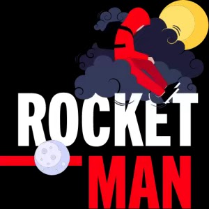 Grafisk illustrasjon med teksten «ROCKET MAN», en rød rakettfigur, måne og røyk mot mørk bakgrunn.