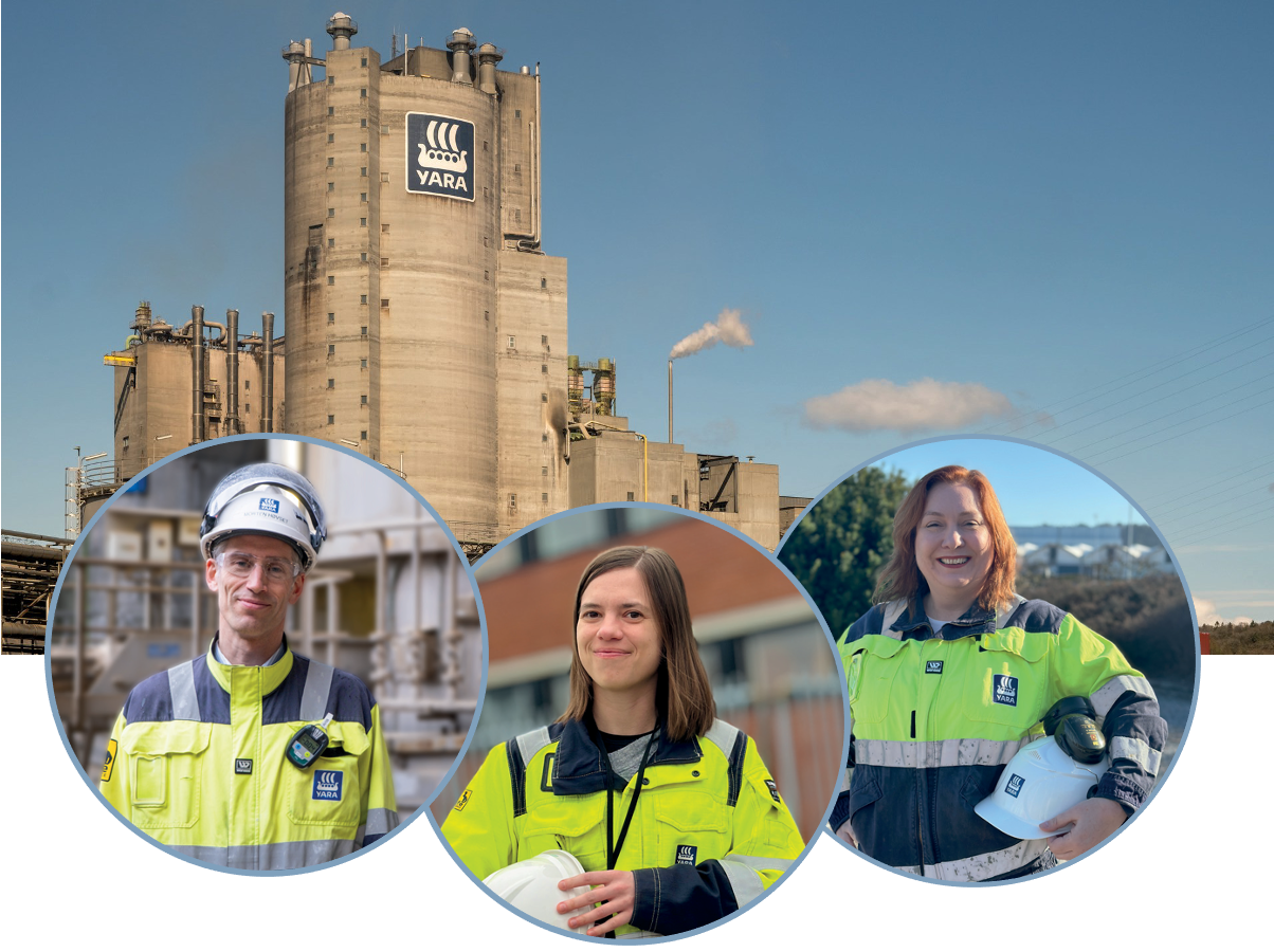 Tre personer i synlig arbeidstøy er vist i runde utsnitt foran et stort industrianlegg med Yara-logo.
