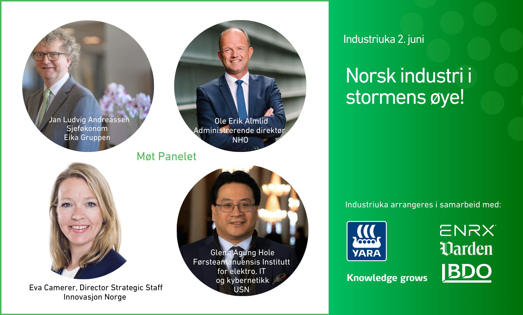 Plakat for Industriuka 2. juni med fire portretter av paneldeltakere og teksten «Norsk industri i stormens øye!».